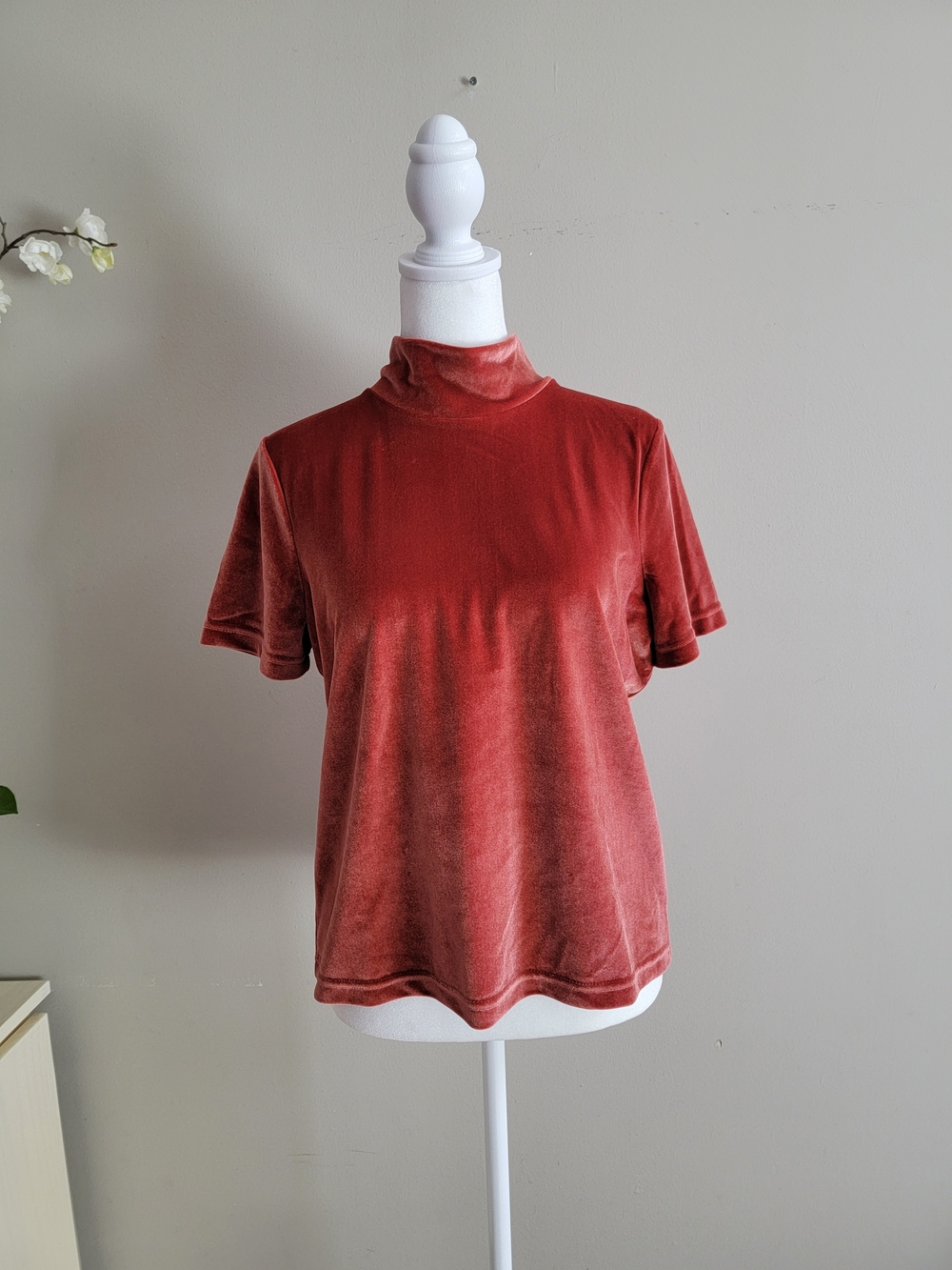 Madewell Velvet Mock Neck Tee in Burnt Orange Size Small